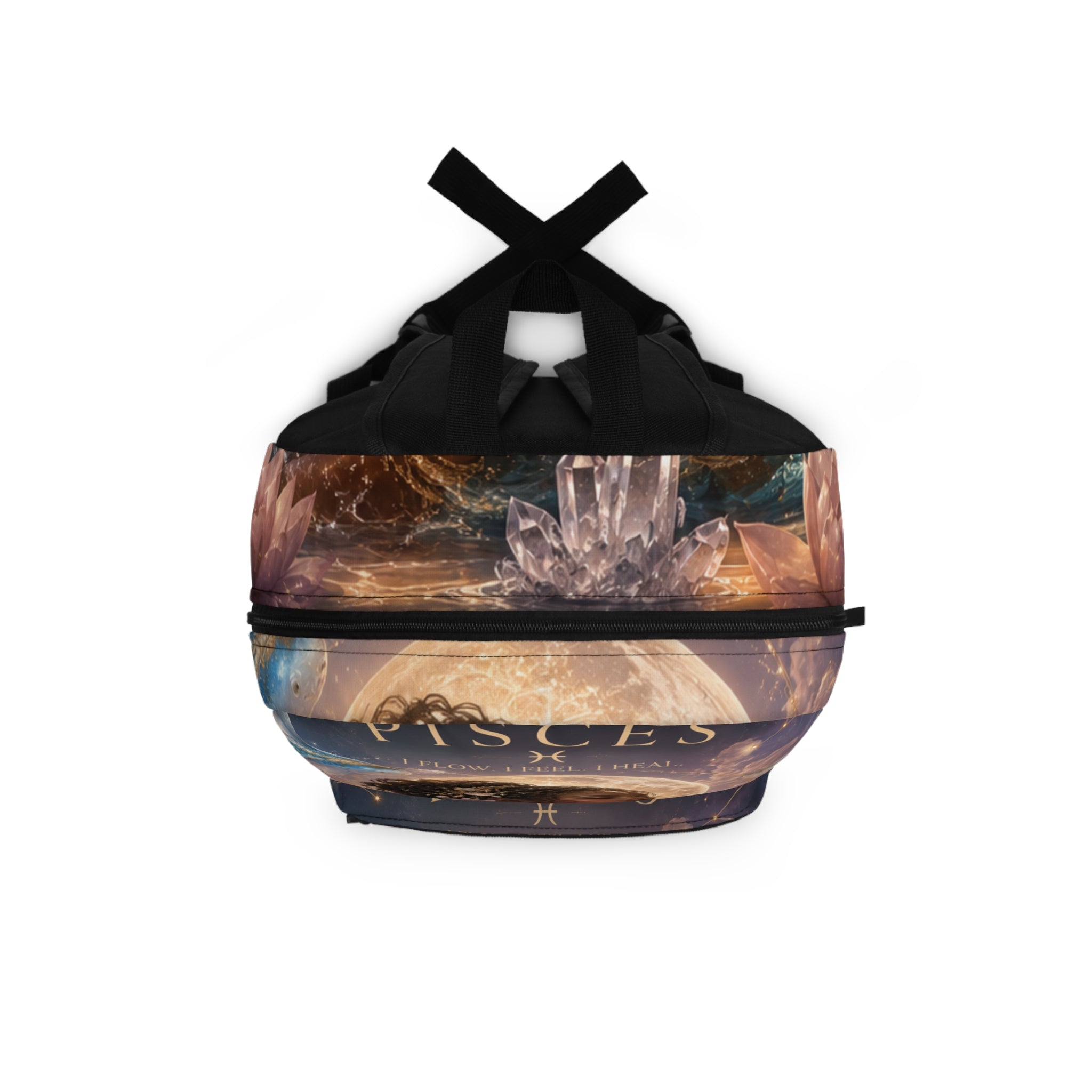 Pisces Zodiac Backpack — Spiritual Astrology Bag with "I Flow I Feel I Heal" Design